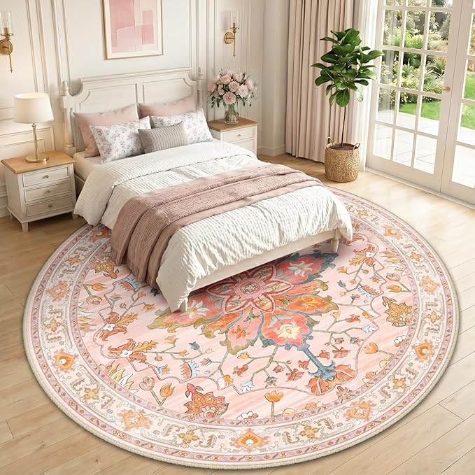 RELEANY Area Rugs Round 10ft Washable Non-Slip, Floral Vintage Distress Print Pattern Medallion Carpet for Living Room Bedroom Dining Room, Light Pink Colorful