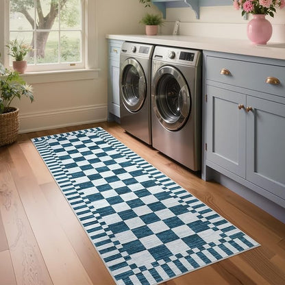 GarveeHome 2.5×8 Kitchen Runner Rug Non Slip,Blue and White Checkered Rug, Washable Runner Rug for Hallway Soft Low-Pile Geometric Modern Rugs for Entryway