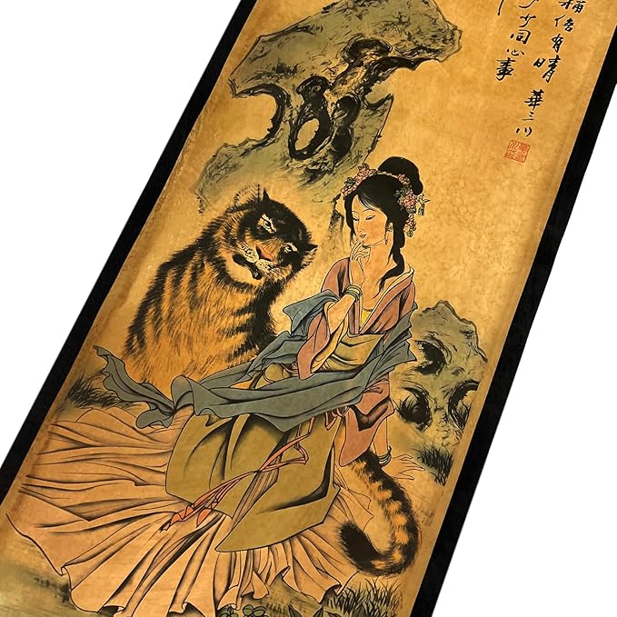 CIFIBIFUN Wall Japanese Geisha Tiger Art Prints Posters Painting Japan Traditional Vintage Style,4 Panels Home Walls Decor (Super Old Aging Paper, A Japan Painting)