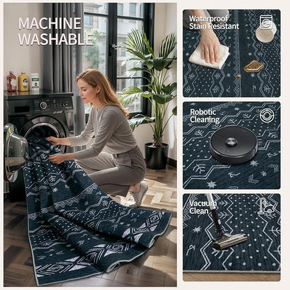 SERISSA Hallway Runner Rug, 2x10 Washable Non-Slip Grey Boho Rug, Soft Low-Pile Geometric Indoor Long Carpet for Kitchen Laundry Room Bathroom Bedroom Entryway Stair