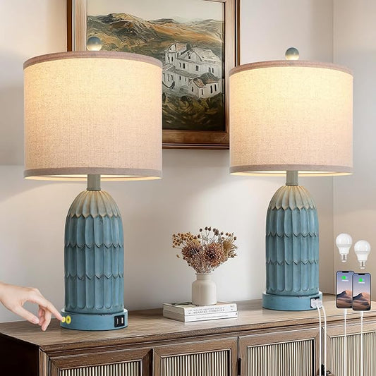 Cinkeda Coastal Table Bedside Lamps Set of 2, Farmhouse 3-Way Dimmable Touch Nightstand Lamp with 2 USB Charging Ports, Vintage Bedside Lamp for Bedroom Living Room End Table Retro Blue