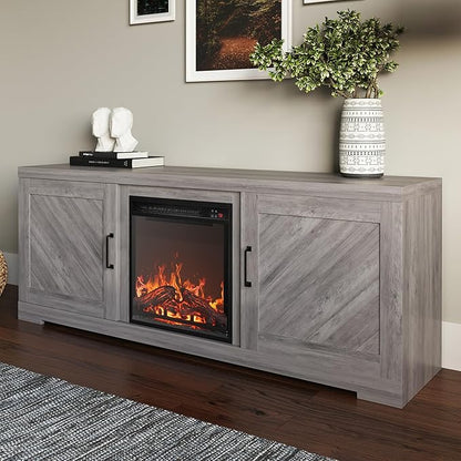 BELLEZE Modern 58" Farmhouse TV Stand with 18" Electric Fireplace Heater & Media Entertainment Center for TV up to 65", Console Table with Storage Cabinets - Hilo (Grey Wash)