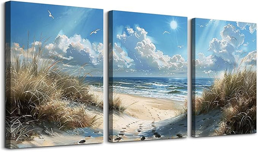 TTHYUEWS Large Canvas Wall Art for Living Room & Bedroom - Blue Ocean Beach Scene with Sea Waves - 3 Piece Set Ready to Hang - Modern Home Decor