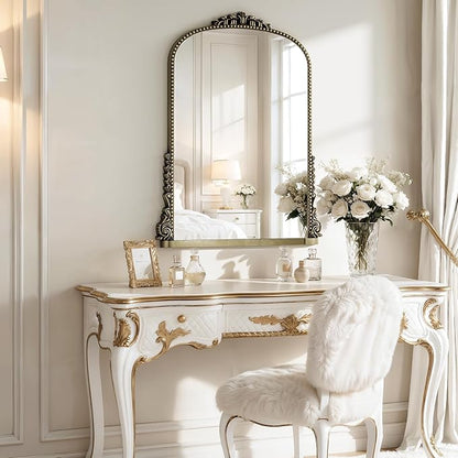 Vintage Bronze Arched Mirror - 40"x29" Large Matt Gold Antique Wall Mounted Mirror - Baroque Traditional Ornate for Entryway, Fireplace, Living Room, Hallway or Wall Decor (Upgrade Tempered Glass)