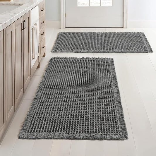 MIULEE Set of 2 Waffle Bathroom Rugs, Boho Bath Rugs Non Slip Washable, Super Absorbent Bath Mats, Ultra Soft Rubber Backed Shower Mats for Bathroom Floor, Tub and Shower, Dark Grey, 18x30 Inch