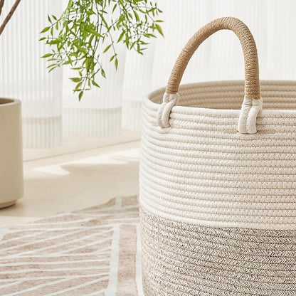 KAKAMAY Cotton Rope Storage Basket (20"x13"),Woven Hamper for Blankets,Toys,Pillows,Clothes,Laundry,Sturdy Handles Decorative Basket for Living Room, Bedroom,Nursery(Beige)