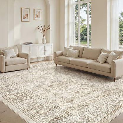Area Rug 5x8 Washable Vintage - Soft Traditional Rugs for Living Room Large Non Slip Backing with Low Pile Farmhouse Oriental Retro Carpet for Bedroom Dining Room or Home Office - Yellowish Brown