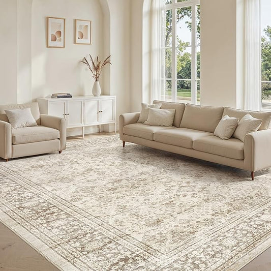 Area Rug 5x8 Washable Vintage - Soft Traditional Rugs for Living Room Large Non Slip Backing with Low Pile Farmhouse Oriental Retro Carpet for Bedroom Dining Room or Home Office - Yellowish Brown