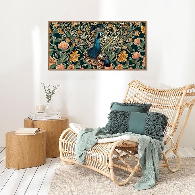 HLNIUC Boho Peacock Framed Canvas Wall Art,Vintage Animal Feather Wall Decor,Large Green Gold Botanical Floral Artwork Set of 3(24x36),Modern Nature Blossom Prints for Living Room,Bedroom,Office