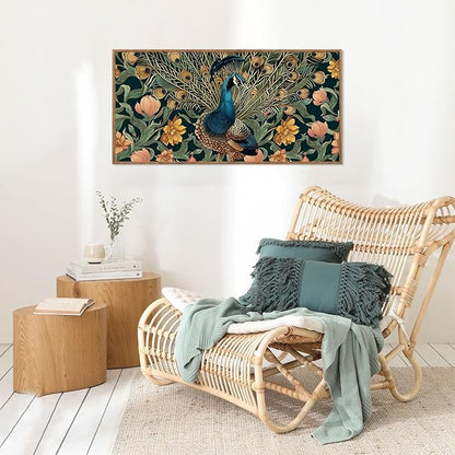 HLNIUC Boho Peacock Framed Canvas Wall Art,Vintage Animal Feather Wall Decor,Large Green Gold Botanical Floral Artwork Set of 3(24x36),Modern Nature Blossom Prints for Living Room,Bedroom,Office