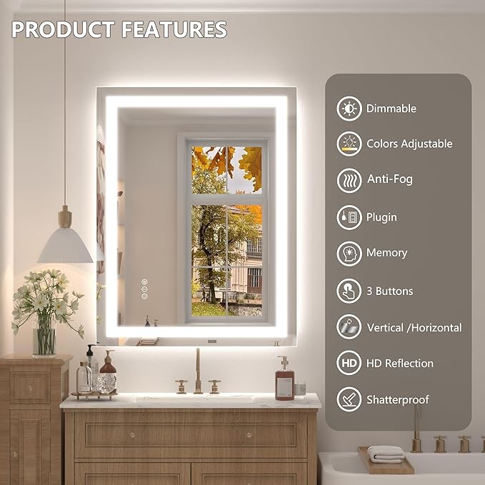 26x36 LED Bathroom Mirror, Dimmable Vanity Mirror for Wall, Backlit and Front Lighted, Anti-Fog, Memory, Shatter-Proof, ETL Listed (Horizontal/Vertical)