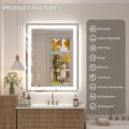 26x36 LED Bathroom Mirror, Dimmable Vanity Mirror for Wall, Backlit and Front Lighted, Anti-Fog, Memory, Shatter-Proof, ETL Listed (Horizontal/Vertical)