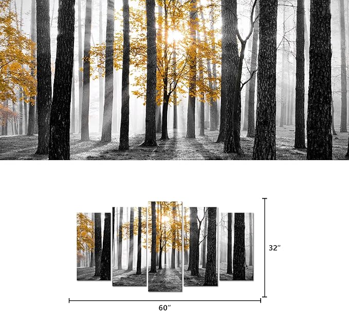 Visual Art Decor Large 5 Pieces Forest Landscape Wall Art Yellow and Gray Forest Wall Art Sunshine Foggy Forest Picture Framed Artwork Ready to Hang, 60inchx32inch