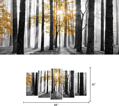 Visual Art Decor Large 5 Pieces Forest Landscape Wall Art Yellow and Gray Forest Wall Art Sunshine Foggy Forest Picture Framed Artwork Ready to Hang, 60inchx32inch