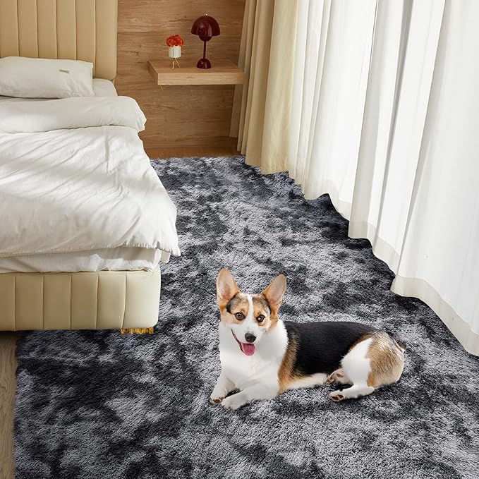 5X8 Ultra Soft Rug for Living Room, Fluffy Shag Area Rug for Bedroom, Modern Shaggy Carpets Fuzzy Rug for Teens Dorm Nursery Home Decor Aesthetic, Upgrade Anti-Skid Durable, Tie Dye Black and Grey