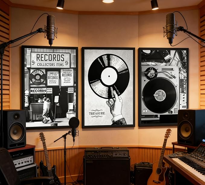 3Pcs Retro Music Poster Wall Art Fashion Black And White Photography Preppy Vinyl Record Store Painting Picture Wall Decor Bar Rock Music Lovers Print Artwork for Recording Studio Club Home Decoration