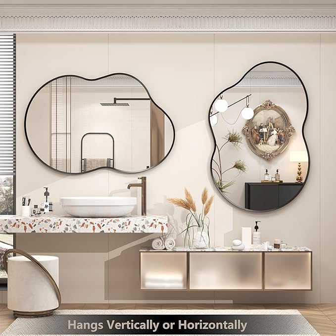 24x36 Inch Black Irregular Matte Bathroom Mirror, Black Asymmetrical Mirror for Wall Decor, Aluminum Alloy Frame, Shatterproof, Anti-Rust(Horizontally/Vertically)