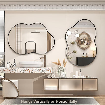 40x24 Black Irregular Wall Mirror, Black Matte Asymmetrical Bathroom Mirror, Decorative Framed Mirror for Bathroom Bedroom Entryway, Shatterproof, Anti-Rust (Horizontally/Vertically)