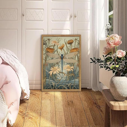 Framed Vintage 3D Textured Wall Art Green Dragonfly Flowers Wall Decor Hand Drawn Sandstone Nature Botanical Pictures for Living Room Bedroom 12x16 inch