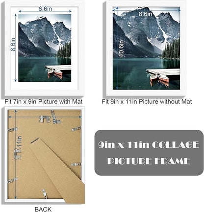 Hongkee 9x11 Picture Frame with Real Glass - Display Pictures 7x9 with Mat or 9x11 without Mat, Photo Frame for Wall or Table Top Display(White, 3 Pack)