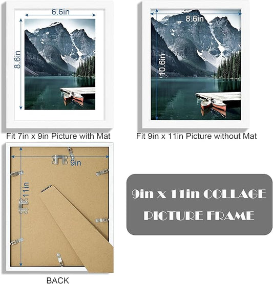 Hongkee 9x11 Picture Frame with Real Glass - Display Pictures 7x9 with Mat or 9x11 without Mat, Photo Frame for Wall or Table Top Display(White, 3 Pack)