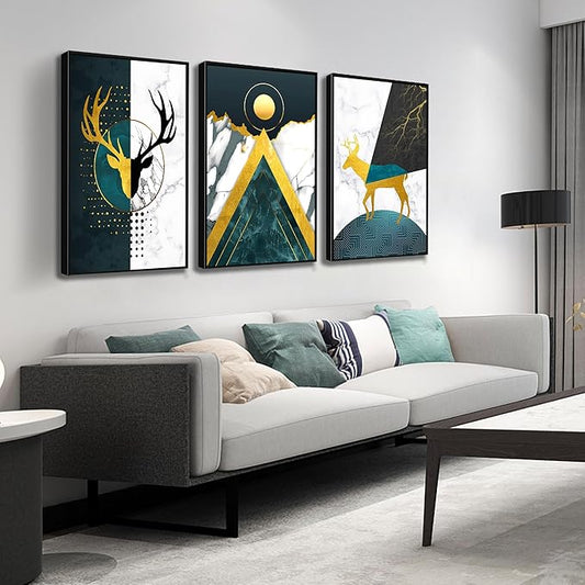 Boho Canvas Wall Art Set of 3 with Black Frame, Abstract Minimalismt Bohemian Deer & Geometric Pictures Prints Artwork Paintings Wall Decor for Bedroom Living Room Home Decoration 24x36 inches