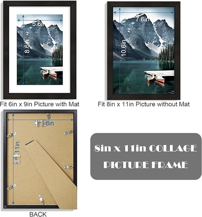 Hongkee 8x11 Picture Frame with Real Glass - Display Pictures 6x9 with Mat or 8 x 11 without Mat, Photo Frame for Wall or Table Top Display(Black, 3 Pack)