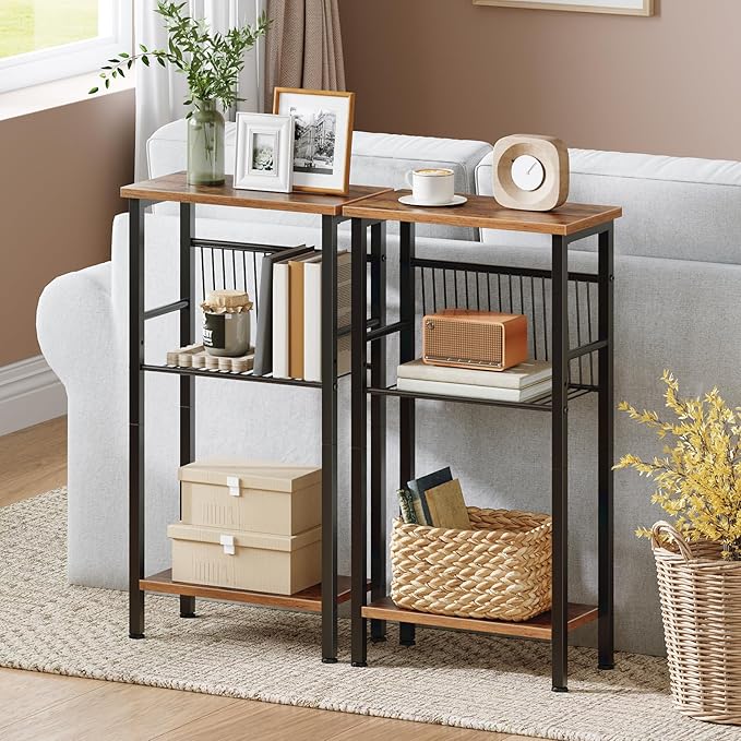 HOOBRO 15.7" Narrow Console Table for Small Space, Set of 2 Entryway Table with Adjustable Shelf, Behind Couch Table, Sofa Table, for Entryway, Hallway, Livingroom, Rustic Brown and Black BF41XGP201