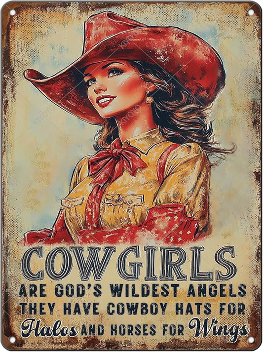 Cowgirl Sign Vintage Metal Tin Sign Cowgirl Are God's Wildest Angels They Have Cowboy Hats for Halos and Horse for Wings Teen Girls Room Decor Wall Art Print 16x12 Inch
