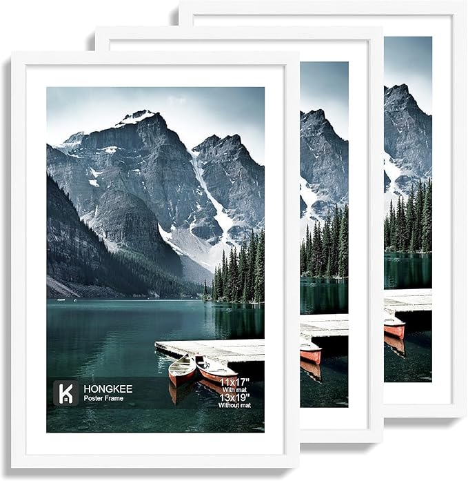 Hongkee 13x19 Picture Frame Set of 3 - Display 11x17 Photo with Mat or 13 x 19 Poster without Mat, Wall Mounting Horizontal and Vertical, White
