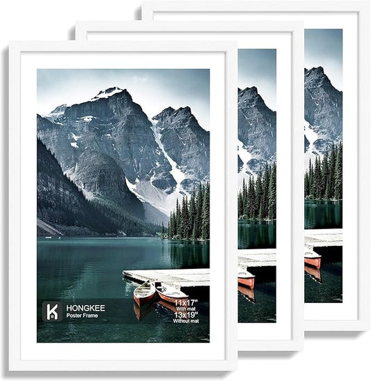 Hongkee 13x19 Picture Frame Set of 3 - Display 11x17 Photo with Mat or 13 x 19 Poster without Mat, Wall Mounting Horizontal and Vertical, White