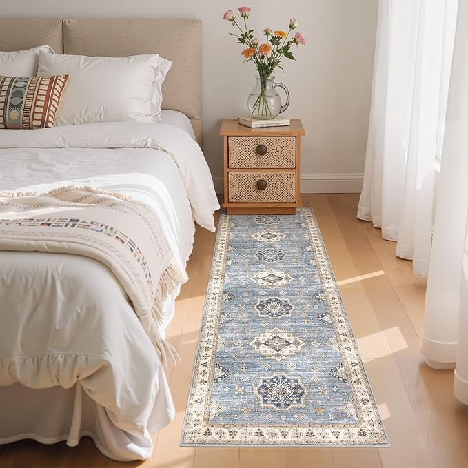 EIEIHOUSE Washable 2x6 Runner Rug - Area Rugs Neutral Vintage Distressed Floral Farmhouse Boho Large Soft Floor Rug Indoor Carpet for Hallway Entryway Bedroom Kitchen - Blue