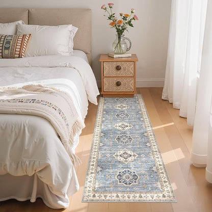 EIEIHOUSE Washable 2x6 Runner Rug - Area Rugs Neutral Vintage Distressed Floral Farmhouse Boho Large Soft Floor Rug Indoor Carpet for Hallway Entryway Bedroom Kitchen - Blue