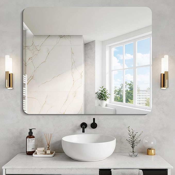 CILIBER Frameless Mirror, 30x36 Inch Rectangle Bathroom Mirror Rounded Corner, 3mm Tempered Glass Frameless Vanity Mirror with Polished Edge for Over Sink, Bedroom, Entryway, Vertical or Horizontal
