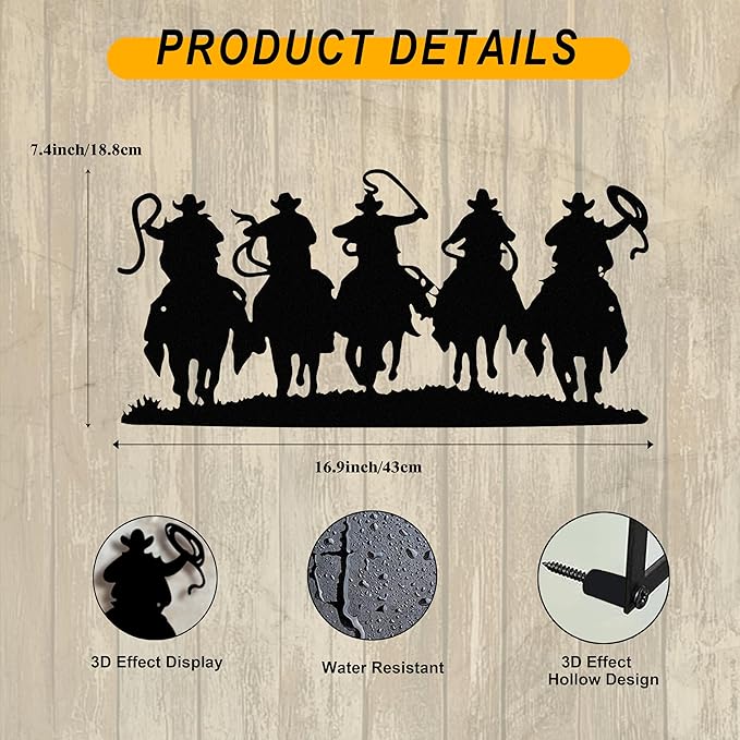 LIYAOLI 3D Vintage Western Wall Decor,Black Metal Cowboy Wall Art Hanging Riding Rustic Cowboys Party Decorations Farmhouse Home Decor,Metal Wall Sculptures for Living Room,Bedroom