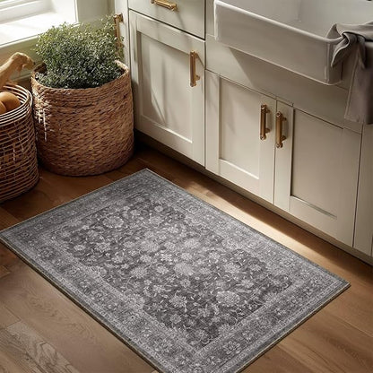 Washable 2x3 Entryway Rug, Boho Non-Slip Door Mat Vintage Distress Small Rugs for Kitchen Nursery Office Bedroom, 0.3" Neutral Oriental Throw Carpet with Cushioning Pad, Grey/Multi, E3
