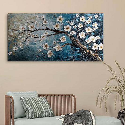 crmotu Teal Tree Wall Art, Plum Blossom Extra Large Artwork, Chinoiserie Floral Canvas Botanical Prints, Blue Plant Modern Wall Pictures for Living Room Bedroom Office Farmhouse Cottage 29X57 Inches