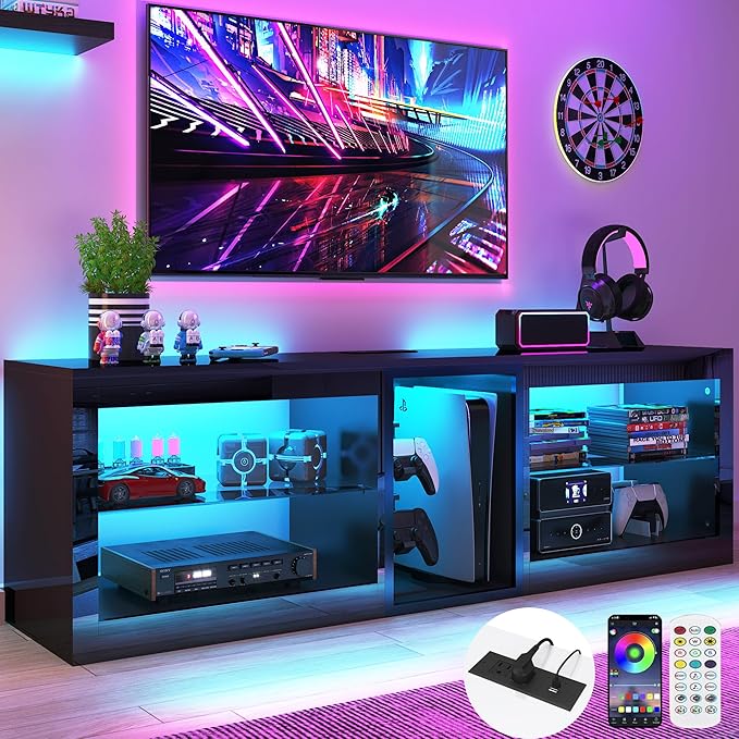 Vinctik 6&Fox LED TV Stands w/Power Outlet,60,00-Colors Lighting for 60 65in TV, 55" Modern High Gloss Entertainment Center,TV Console W/Adjustable Glass Shelves for Living Room Game Bedroom (Black)
