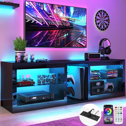Vinctik 6&Fox LED TV Stands w/Power Outlet,60,00-Colors Lighting for 60 65in TV, 55" Modern High Gloss Entertainment Center,TV Console W/Adjustable Glass Shelves for Living Room Game Bedroom (Black)