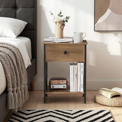 VECELO Night Stand Set of 2, End Tables with Drawer, 2-Tier Bedside Tables with X Shaped, Side Table Stand with Storage Shelf for Living Room/Bedroom,Walnut Brown