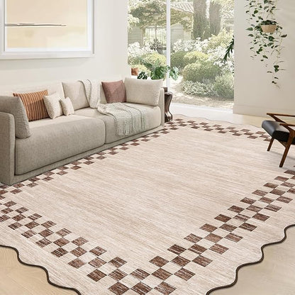 GarveeHome Washable Rug 5x7 for Living Room Large Bedroom Scalloped Rug Non Slip Stain Resistant Modern Border Throw Carpet Soft Boho Rug for Dining Room Nursery Home Office, Beige