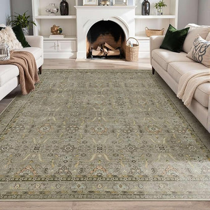 Rugxara 8x10 Area Rugs for Living Room Bedroom, Large Washable Rug, Vintage Floral Boho Rug, Non Slip & Low Pile Faux Wool Thin Carpet for Indoor Dining Room and Kids Room(Olive Brown 8x10ft)