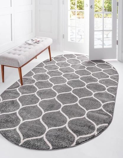 Unique Loom Trellis Frieze Collection Area Rug - Rounded (3' x 5' Oval, Dark Gray/ Ivory)