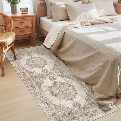 Area Rug 2x6 Runner Rugs: Washable Vintage Hallway Rug Indoor Medallion Rugs Low Pile Distressed Floor Carpet Retro Accent Rug for Kitchen Bedroom Bathroom Dining Room(Taupe, 2'x6')