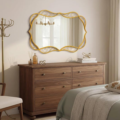 Besdomus Bathroom Gold Wall Mirror: 30"x48" Scalloped Modern Large Wall Mounted Mirror - Farmhouse Vanity Mirror Vertical or Horizontal Hanging - Home Decor for Bathroom/Living Room/Hallway