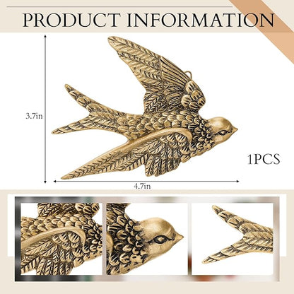 Kathfly 1 Pcs Vintage Bird Wall Sculpture Decor Art 4.7 Inch Antique 3D Sculpted Hanging Bird Resin Wall Art Golden Brass Floating Ornament for Living Room Garden Outdoor, Gift for Couple Housewarming