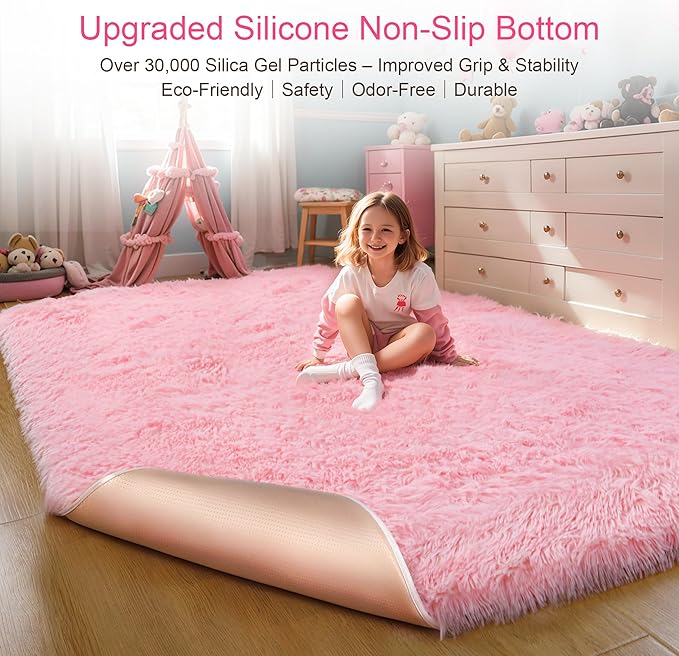 KICHOWUA Thick Area Rug 4x6 Pink Fluffy Shag – Ultra Soft Thickened Plush Washable Carpet, Non-Slip Fuzzy Shaggy Rug for Girls Bedroom, Kids’ Room, Nursery, Baby, Dorm, Living Room Cozy Décor