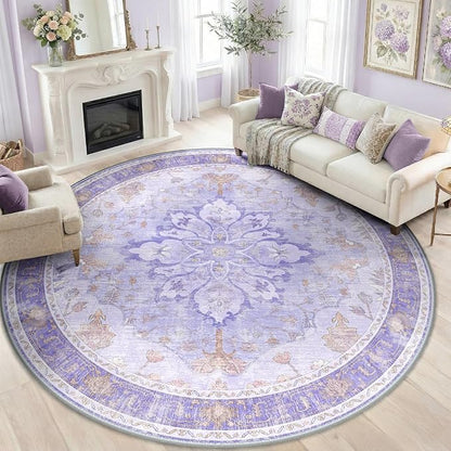 RELEANY Area Rugs Round 8ft Washable Non-Slip, Floral Vintage Distress Print Pattern Medallion Carpet for Living Room Bedroom Dining Room, Light Purple Brown