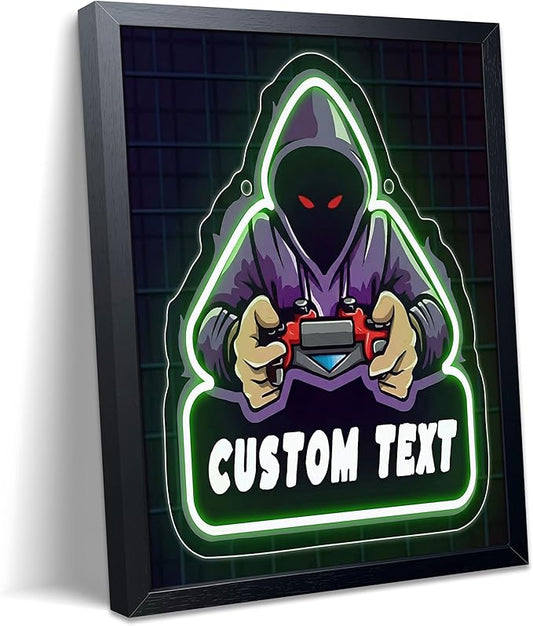Boys Room Gamer Wall Decor, Cool Video Gamers Wall Art, Neon Hooded Gaming Controller Canvas Print Poster, Anime Gamer Posters for Boys Room Gaming Room Decor Oil Painting 8x10 Inch Framed