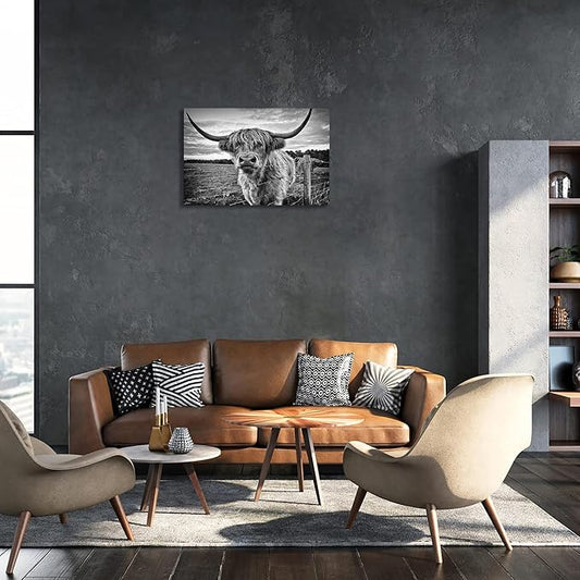 Highland Cow Canvas Wall Art Black and White Cow Photos for Wall Nature Cow Picture Framed Animal Poster Artwork for Bathroom Decor (16x24inches)